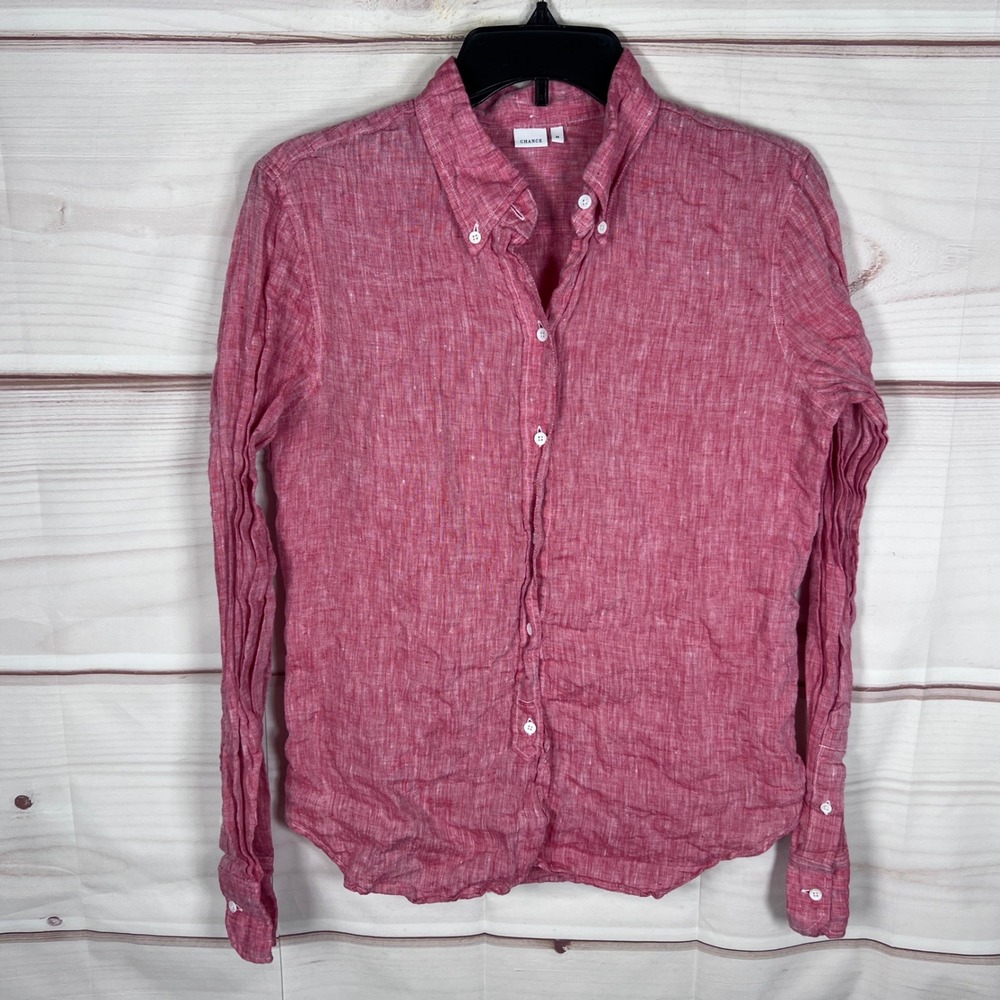 CHANCE Button Down Shirt Women Medium Red 100% Linen Long Sleeve Collar Classic